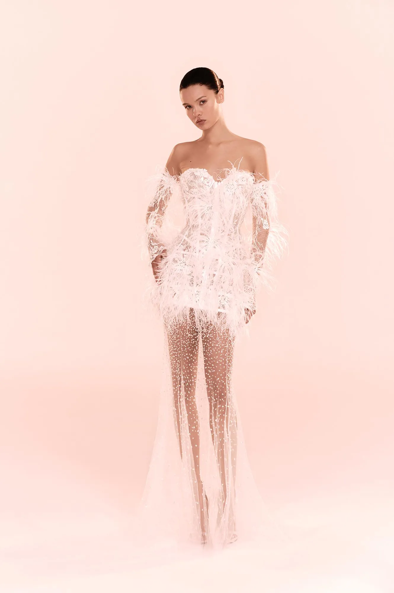 Zuhair Murad Mariage Fall 2026 Look 16 side view of strapless lace wedding dress with overskirt and long veil