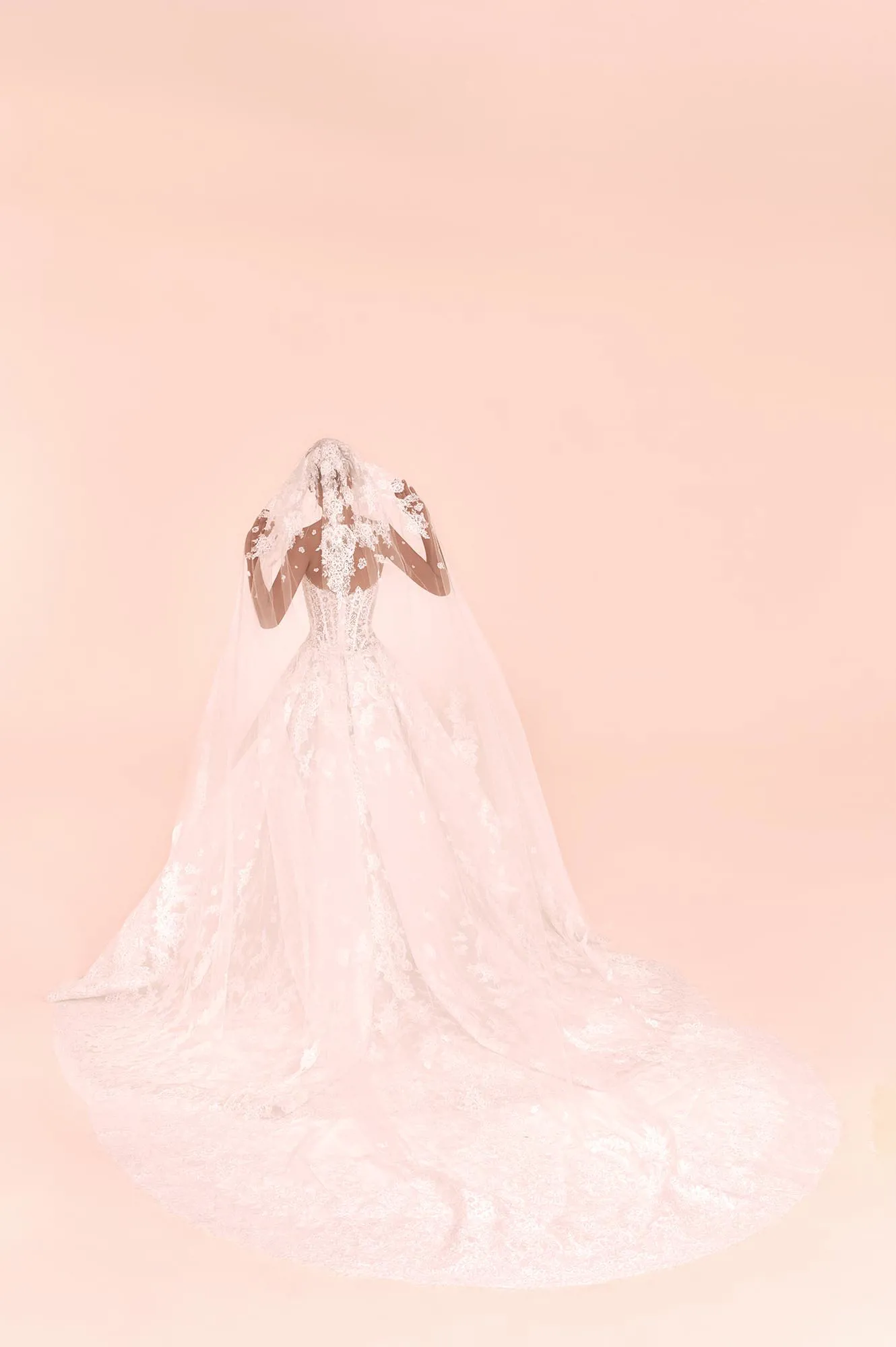 Zuhair Murad Mariage Fall 2026 Look 19 back view of lace ball gown wedding dress with cathedral veil and long train
