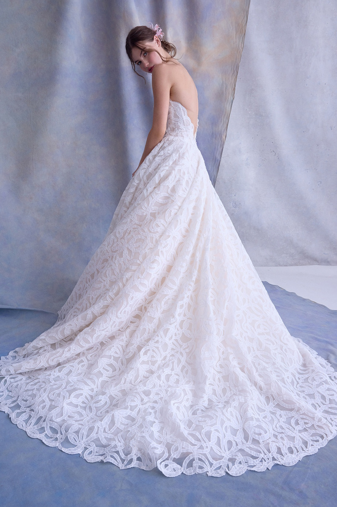 A-lijn trouwjurk SKY van Ines di Santo met open rug. Achteraanzicht van de volledig kanten jurk met wijde rok.