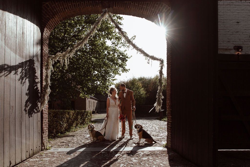 11.	Real bride Mandy Gout en Vincent wandelen samen met hun honden onder een feestelijk versierde poort. 