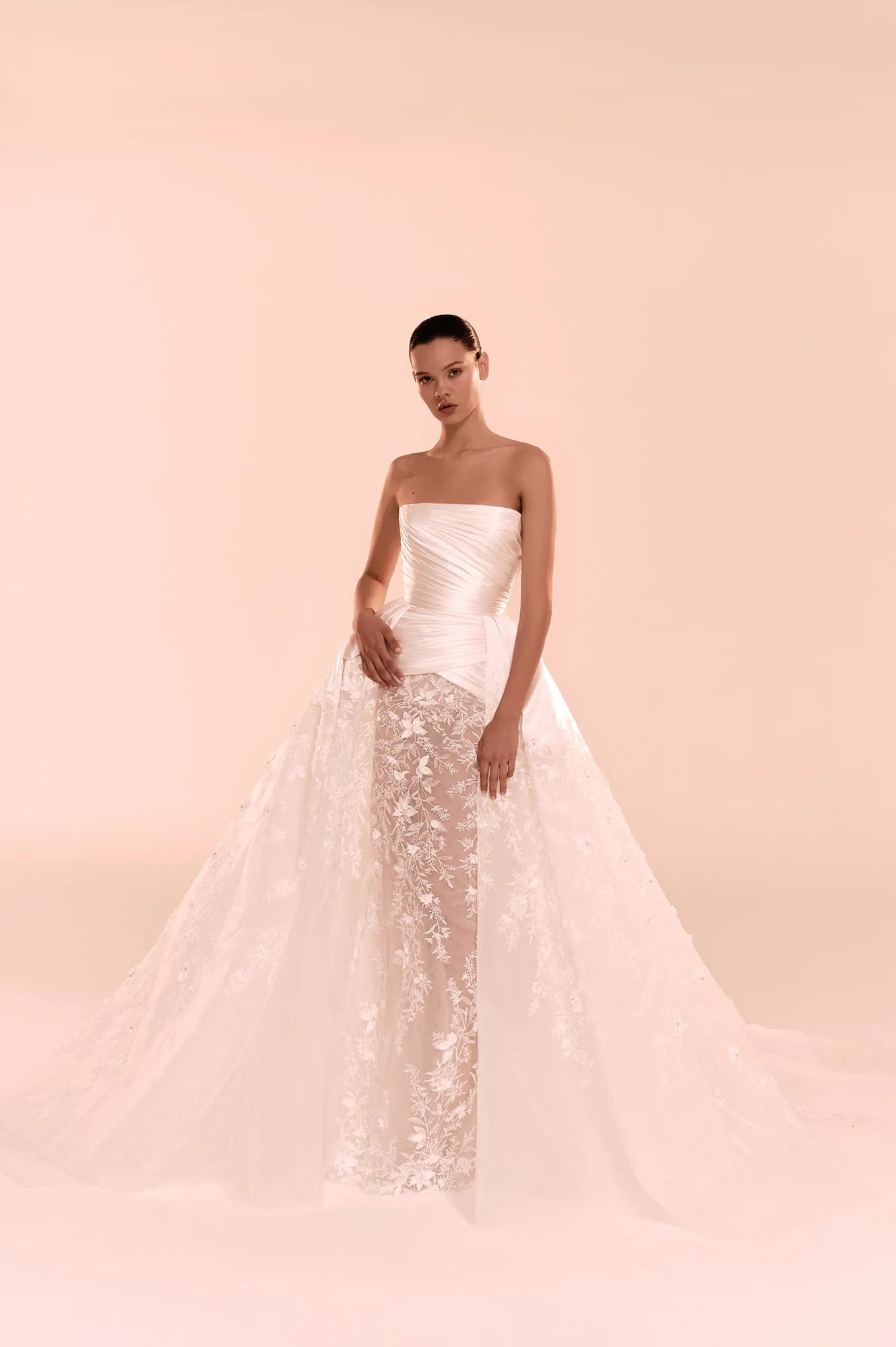 Zuhair Murad Mariage Fall 2026 Look 24 strapless wedding dress with draped satin bodice, lace skirt and full overskirt