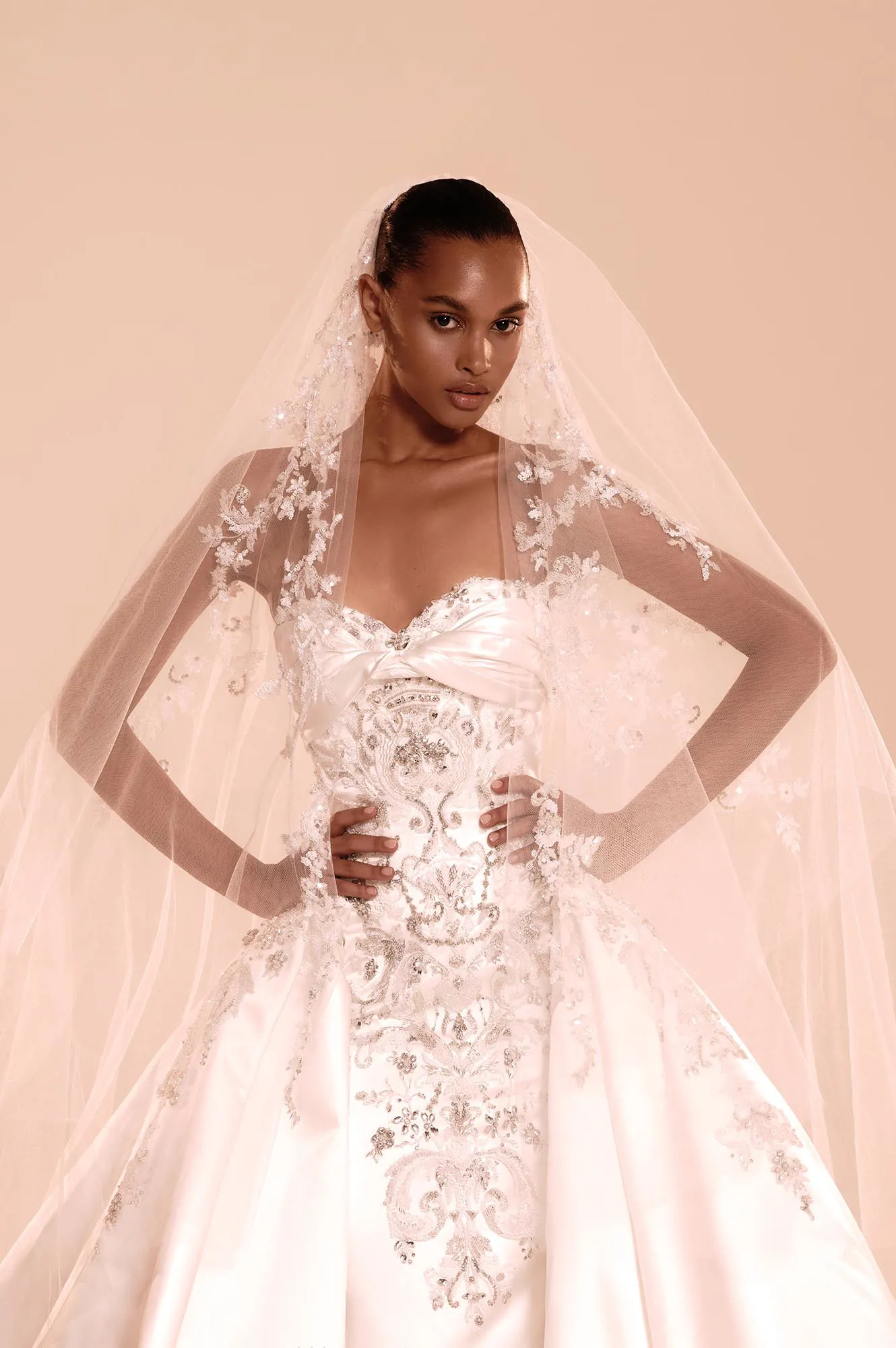 Zuhair Murad Mariage Fall 2026 Look 17 high-neck lace wedding dress with detachable overskirt and cathedral veil