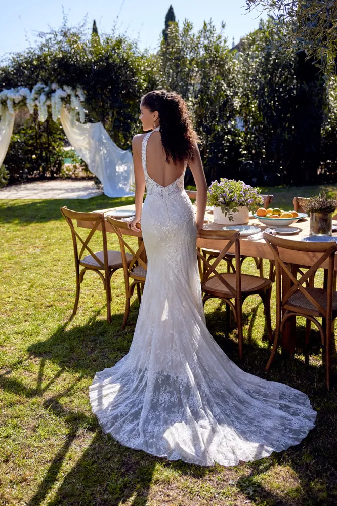Trouwjurk met lage rug 66424 van Lillian West. Achteraanzicht van de aangesloten kanten jurk met halter en sleep.