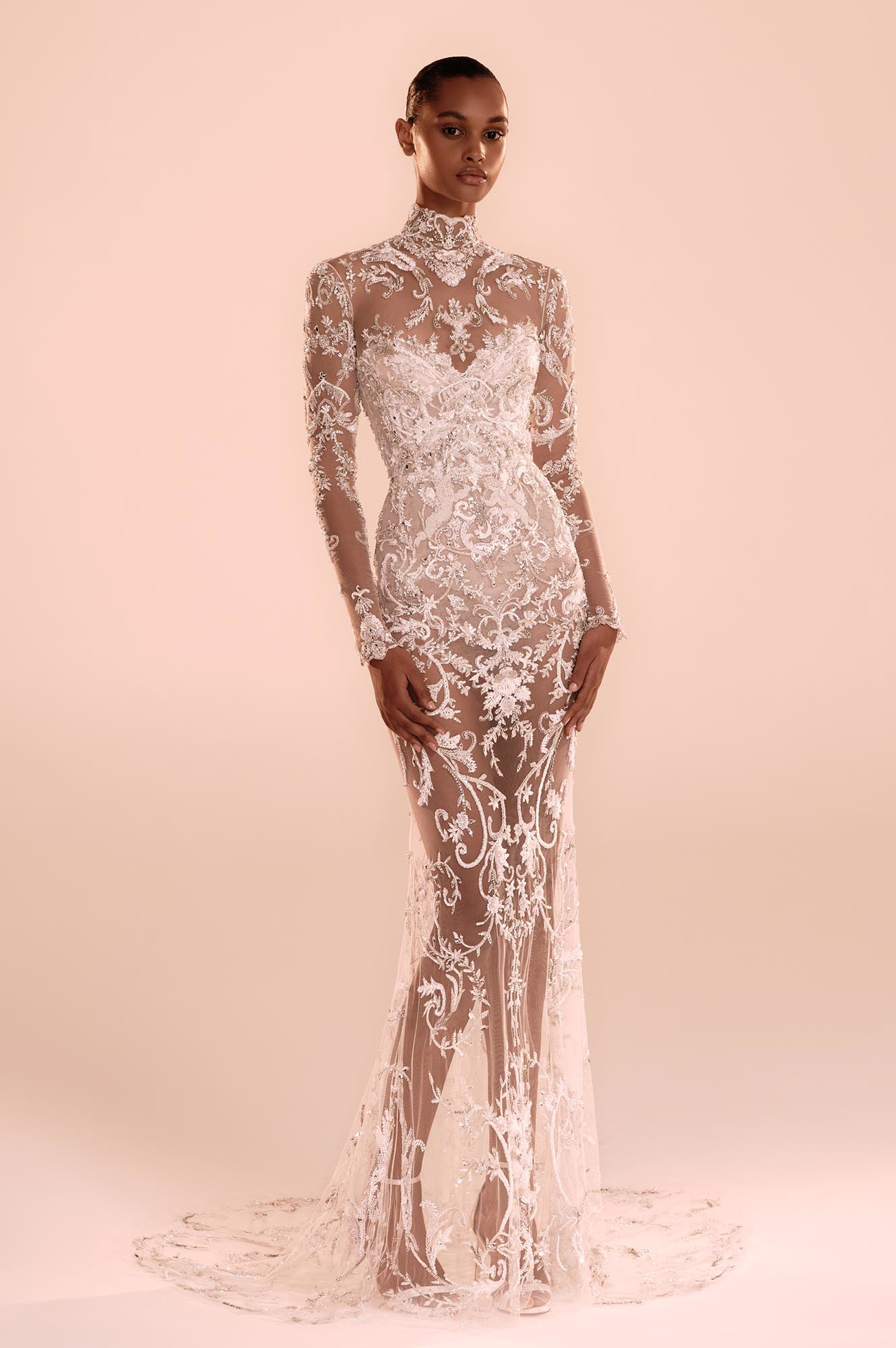 Zuhair Murad Mariage Fall 2026 Look 20 strapless lace wedding dress with detachable overskirt and cathedral veil