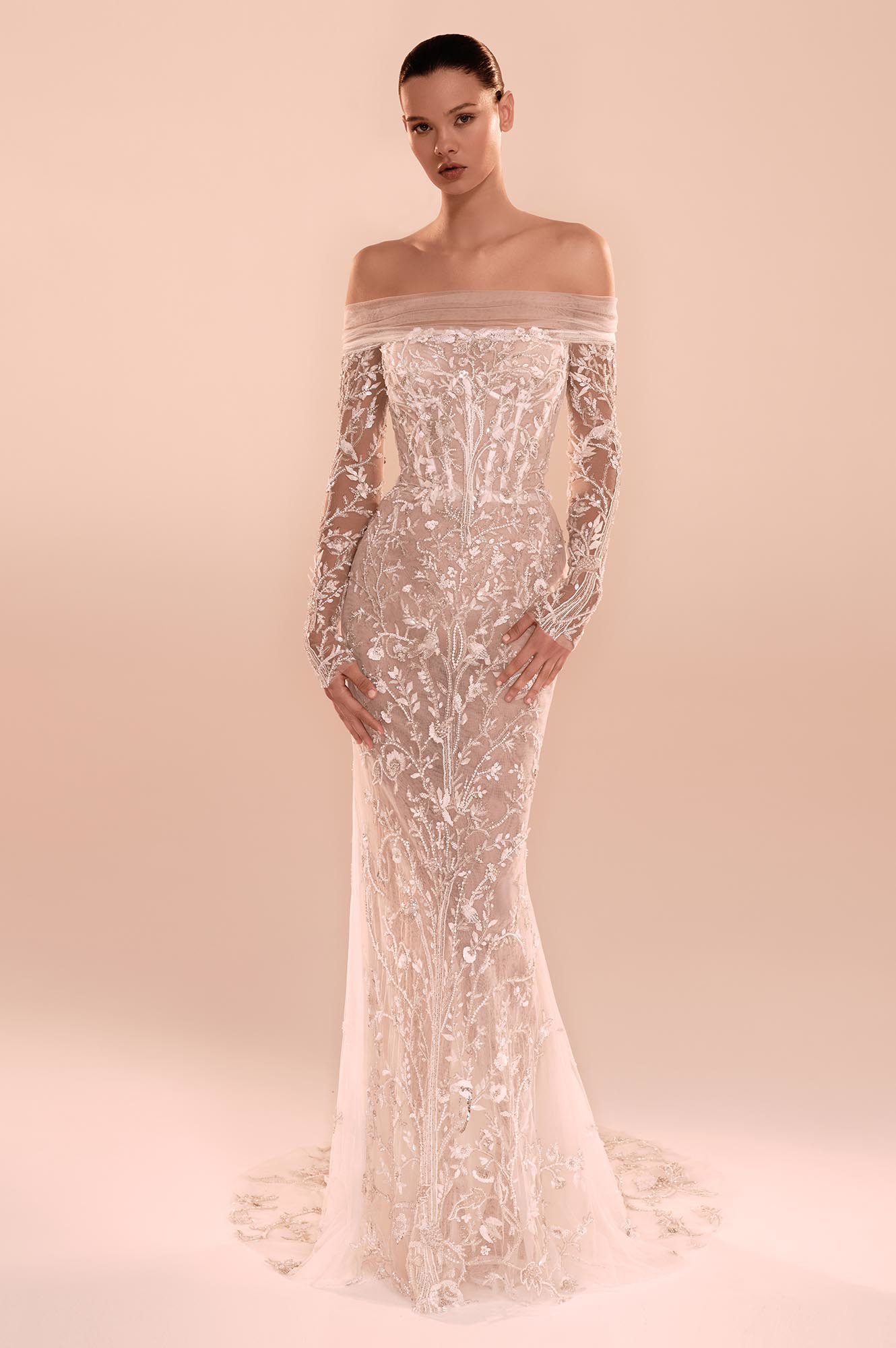 Zuhair Murad Mariage Fall 2026 Look 8 off-shoulder lace mermaid wedding dress with sheer sleeves and embroidered details