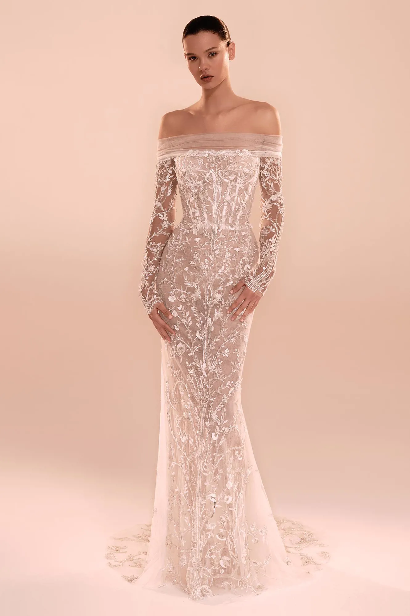 Zuhair Murad Mariage Fall 2026 Look 8 off-shoulder lace mermaid wedding dress with sheer sleeves and embroidered details