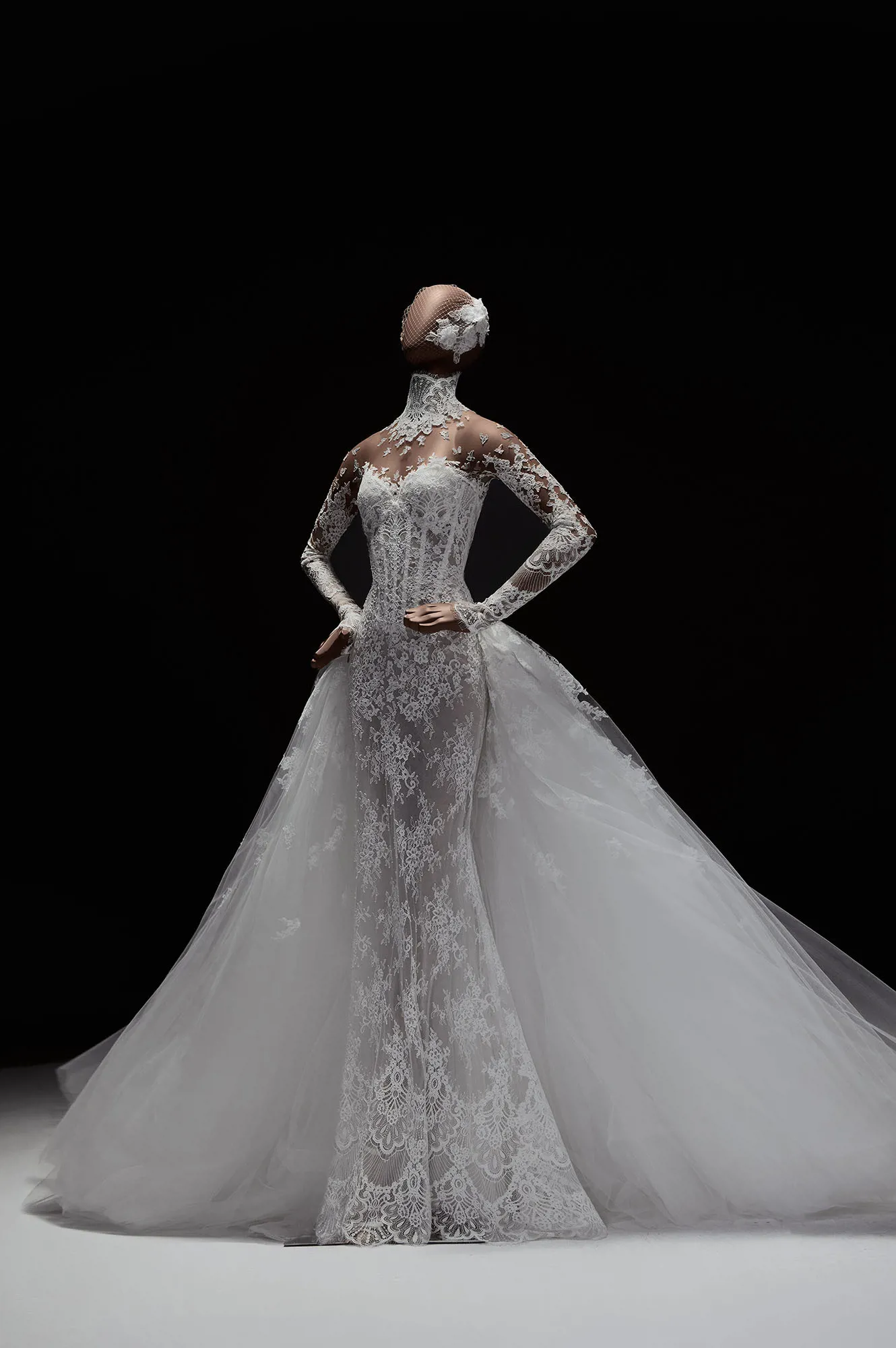 Zuhair Murad Mariage Spring 2027 Look 9 lace mermaid wedding dress with high neckline, long sleeves and tulle overskirt