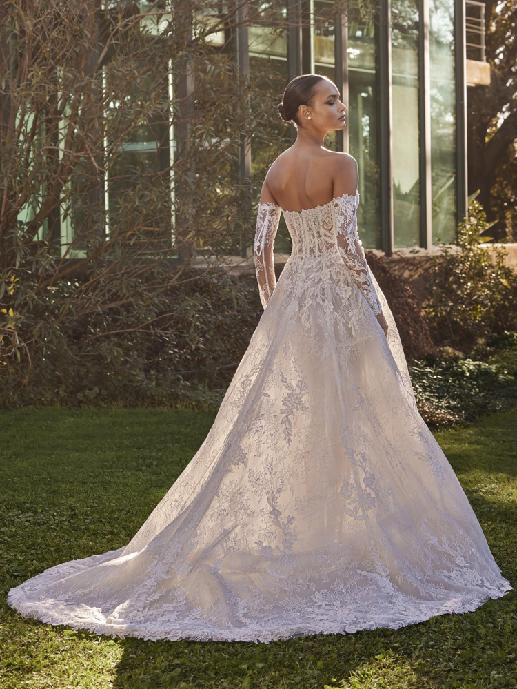 Off-shoulder trouwjurk Dabri van Pronovias. Achteraanzicht van de volledig kanten A-lijn jurk met lange mouwen.
