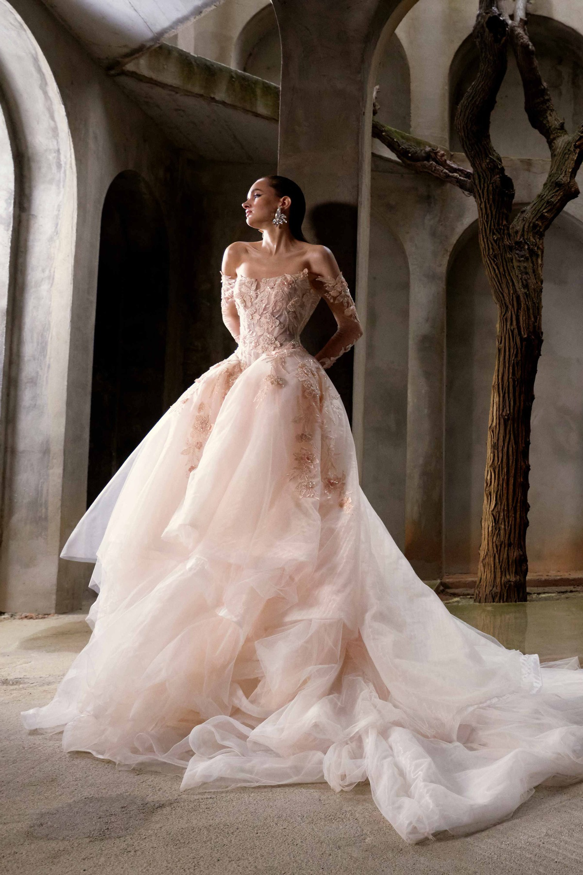 Gekleurde prinsessenjurk Venezia van Galia Lahav. Zijaanzicht van de off-shoulder trouwjurk met luxe kant en wijde tule rok.