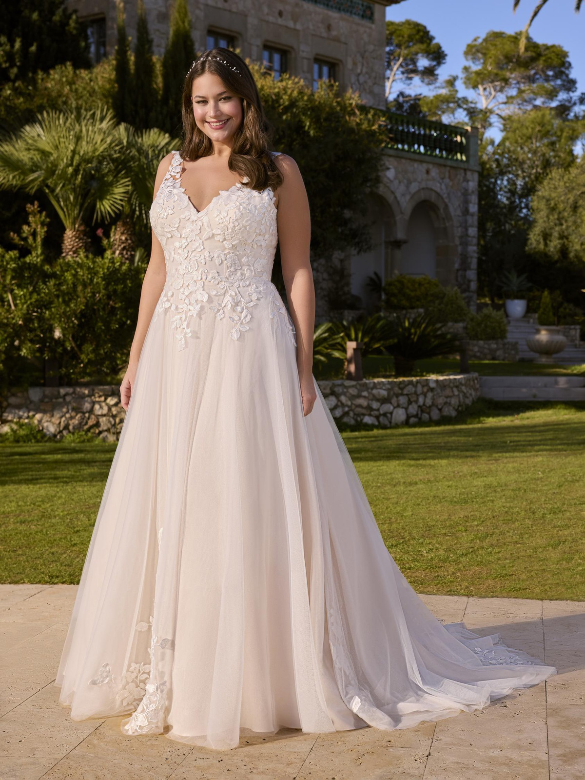 A-lijn bruidsjurk Liriope van Ladybird met kanten applicaties en V-hals. Vooraanzicht van de flowy tule trouwjurk.